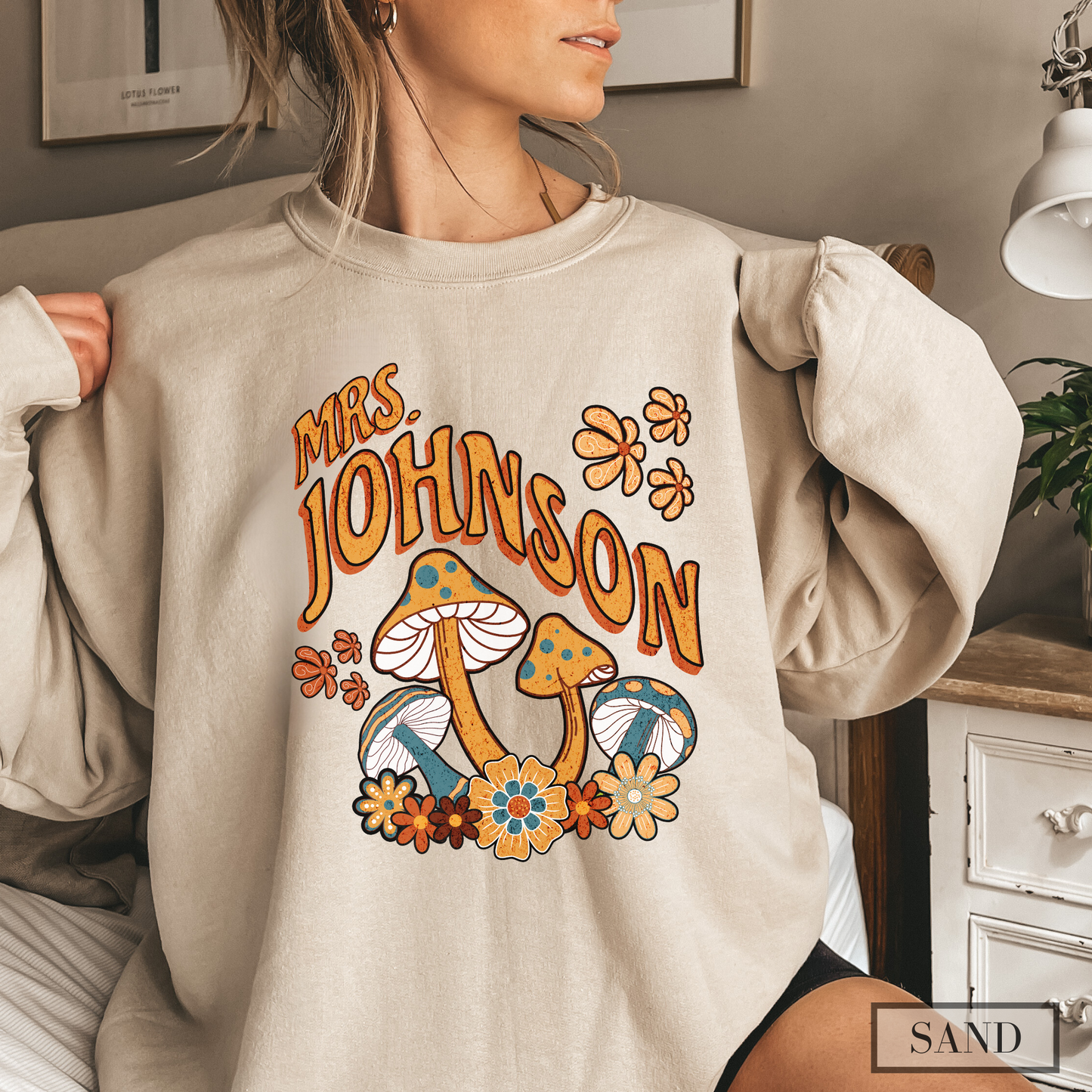 Retro Groovy Mushroom Personalized Teacher Sweatshirt with Custom Name