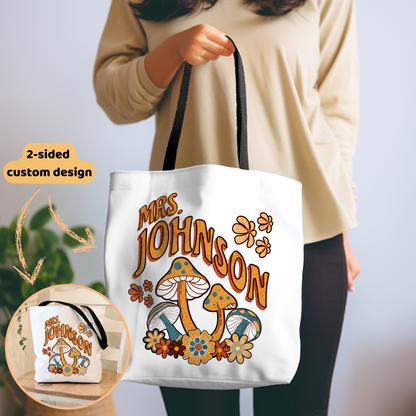 Retro Groovy Mushroom Personalized Teacher Tote Bag with Custom Name