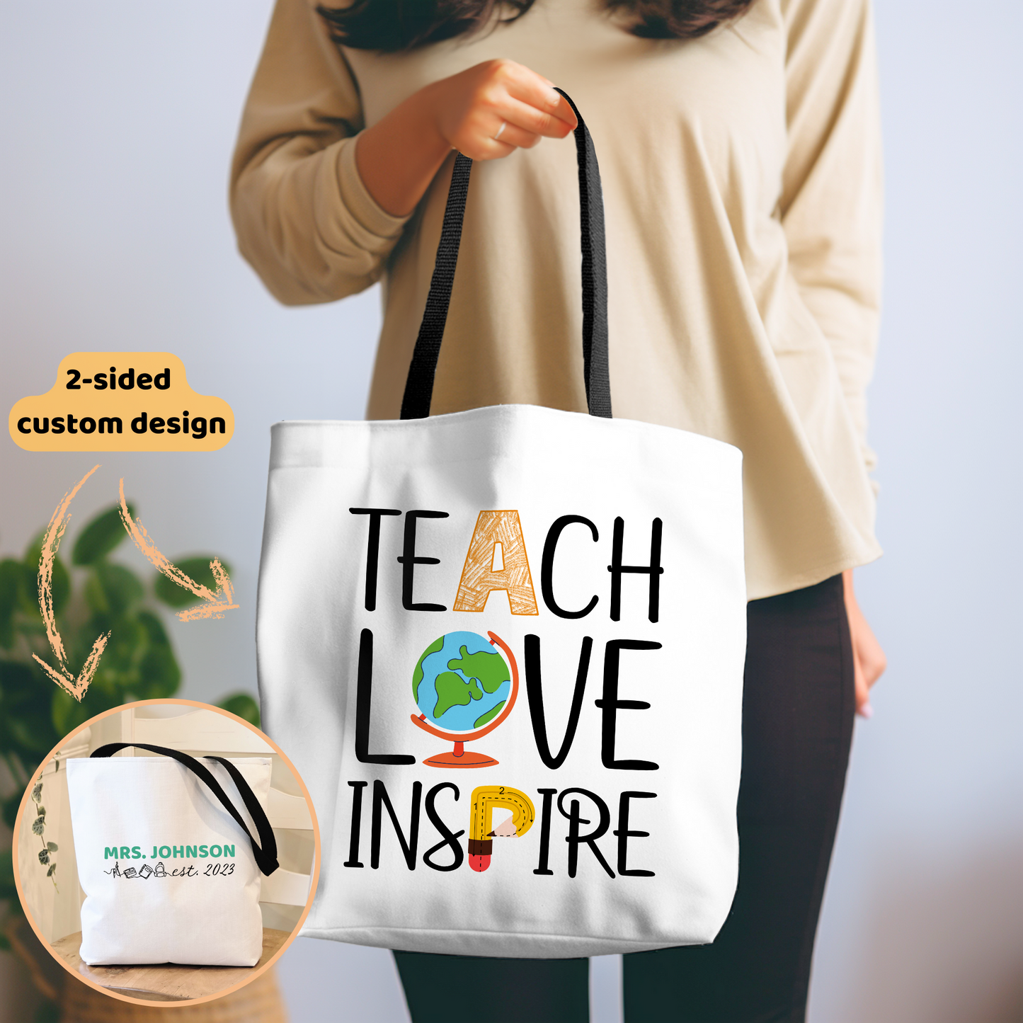 Teach Love Inspire Personalized Teacher Tote Bag with Custom Name