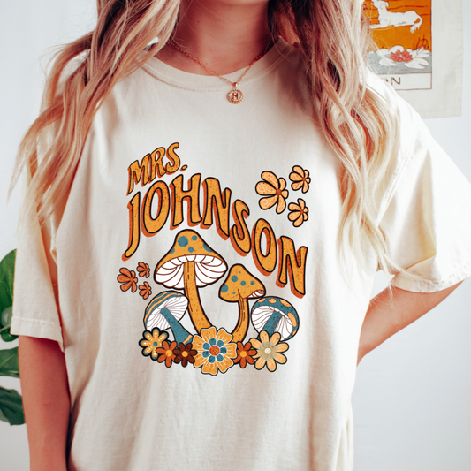 Retro Groovy Mushroom Comfort Colors® Personalized Teacher Shirt with Custom Name