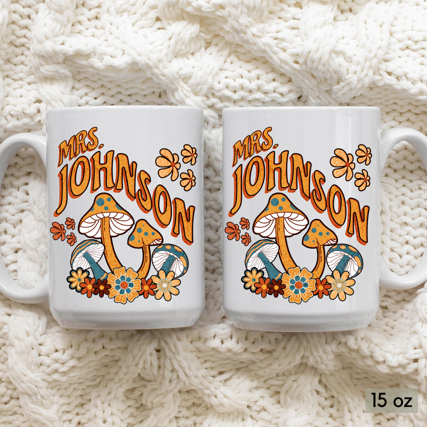 Groovy Mushroom Personalized Teacher Coffee Mug with Custom Name, Ceramic Mug