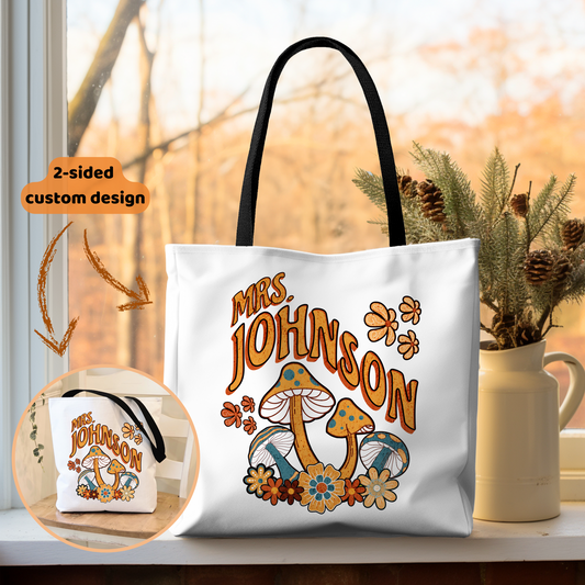 Retro Groovy Mushroom Personalized Teacher Tote Bag with Custom Name