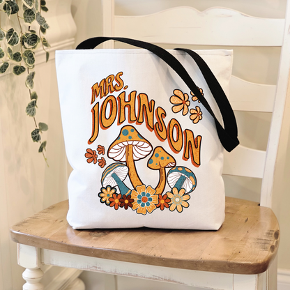 Retro Groovy Mushroom Personalized Teacher Tote Bag with Custom Name