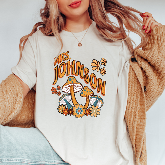 Retro Groovy Mushroom Personalized Teacher Shirt with Custom Name