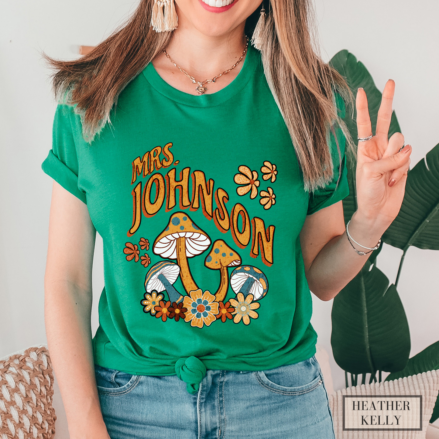 Retro Groovy Mushroom Personalized Teacher Shirt with Custom Name