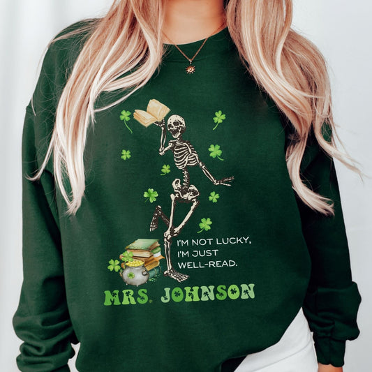 forest green color st patricks day sweatshirt with personalized teacher name